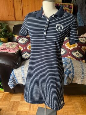 Wanakome Lois Coastal Casual Polo Dress in Navy Stripe Size Lrg